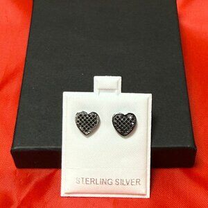 925 Sterling Silver Heart Earrings – Black Rhodium – Black Onyx – Brand New